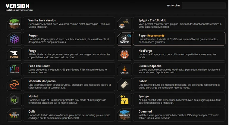 Interface de mise a jour de modpacks Minecraft