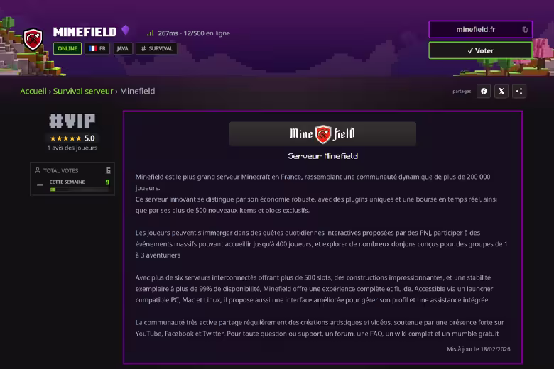 Fiche d&eacute;taill&eacute;e serveur Minecraft