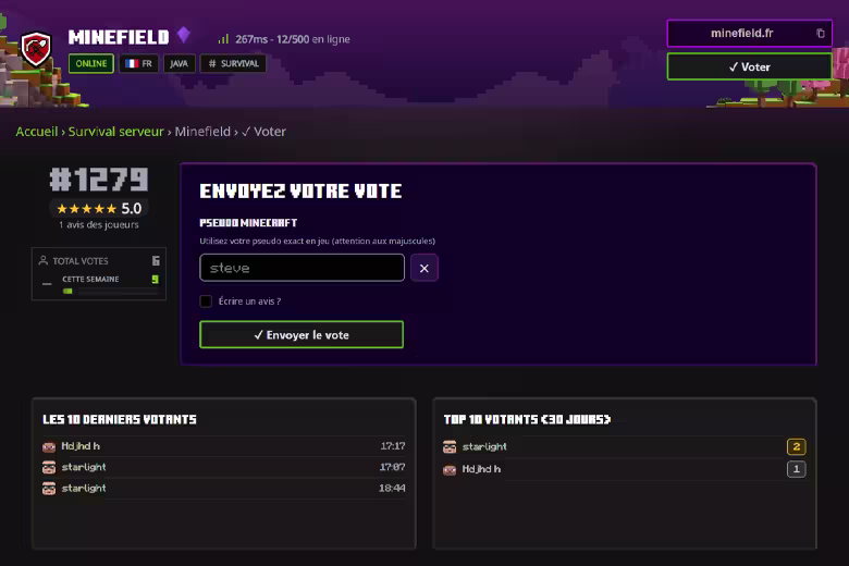 Syst&egrave;me de vote serveur Minecraft