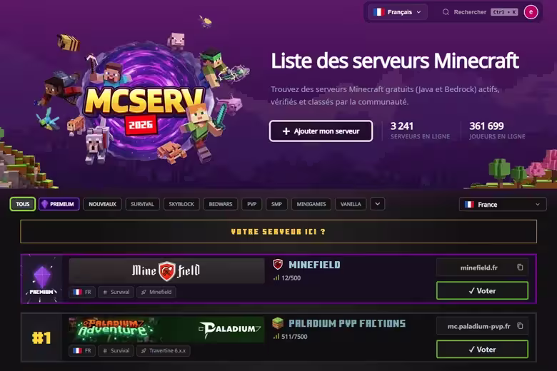 Nouveau classement serveur Minecraft MCServ.org