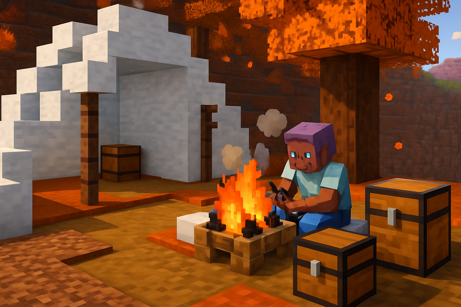 Efe is sitting on a cushion in front of a camp fire in an abandoned camp in a dappled forest.