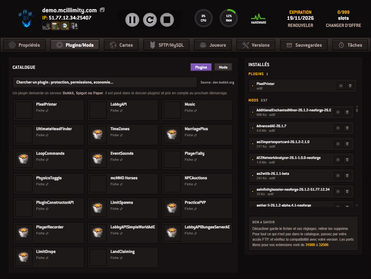 Der Tab Plugins und Mods: links der Plugin-Katalog mit Icons, rechts die Liste der installierten Erweiterungen.