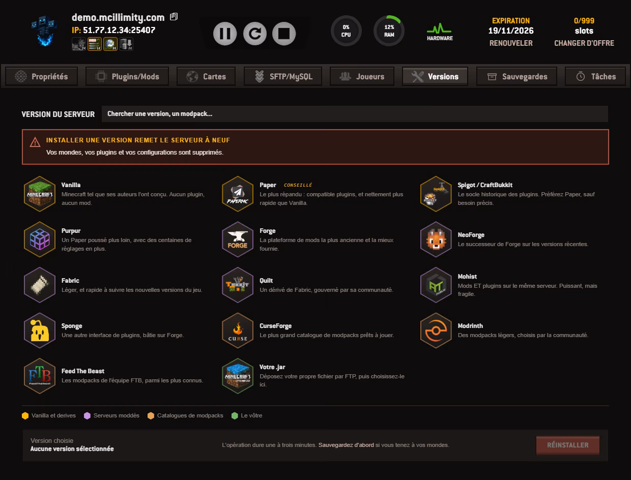 Der Tab Versionen: die verfügbaren Engines mit ihrem Logo, Vanilla, Paper, Spigot, Purpur, Forge, NeoForge, Fabric, Quilt, Mohist, Sponge, CurseForge, Modrinth und Feed The Beast.