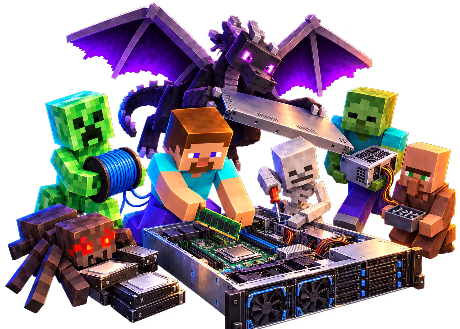 Steve builds a server, motherboard, power supply and fans, surrounded by the game's creatures