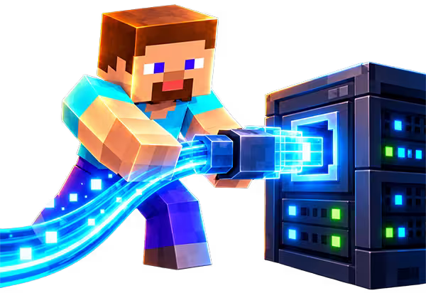 Steve plugs a glowing link into a server rack