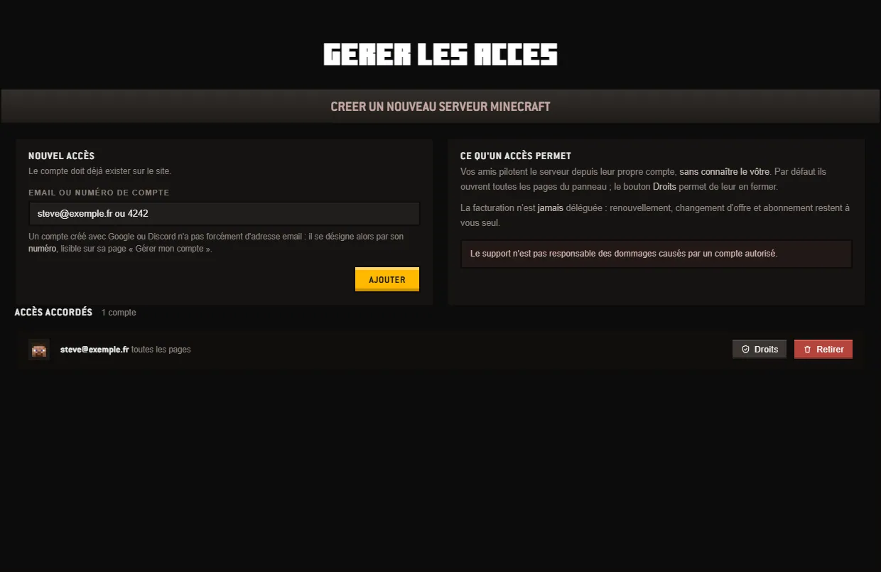 The Manage access screen: the New access form and the list of granted accesses, with the Rights and Remove buttons.