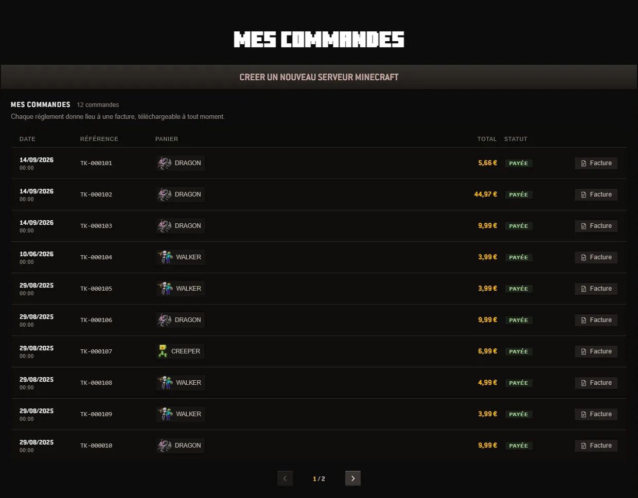 The My orders screen of the Minecraft illimity panel: one row per order, with its date, its reference, the plan purchased, the amount, the Paid status and the Invoice button.
