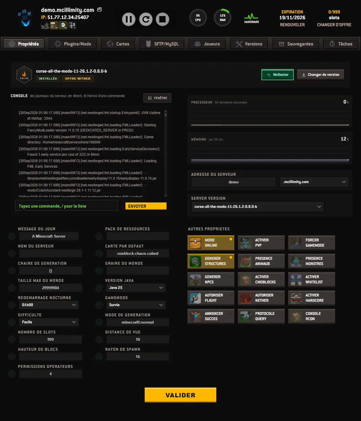 The Properties tab: the server bar and its gauges, the ribbon of tabs, the live console and the game settings.