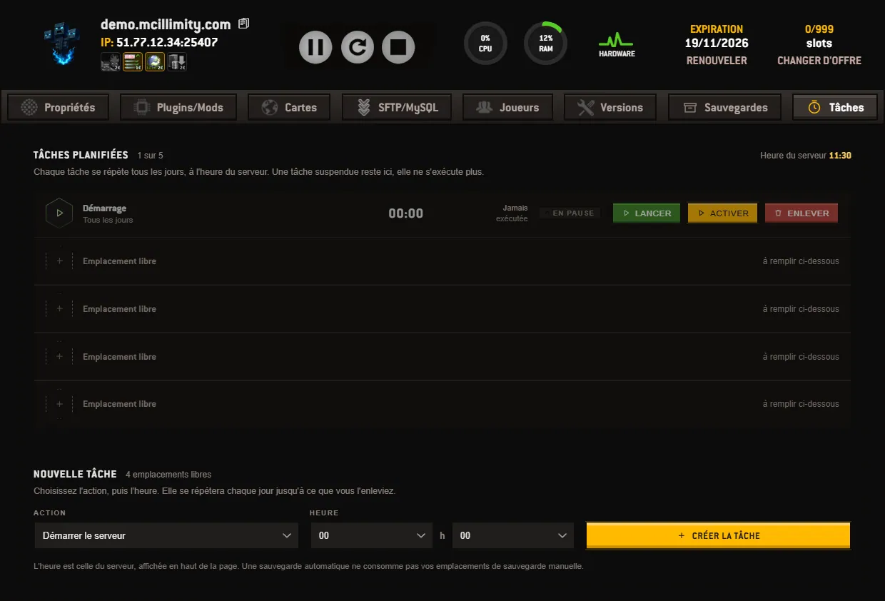 The Scheduled tasks tab of the panel: the slot counter and the server time at the top, the tasks already set with their time, their status and their buttons, and the creation form below.
